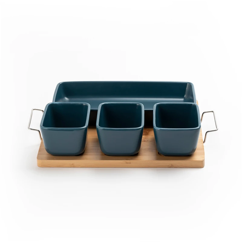 YL2253 DS-ST2002 3 Square & 1 Rectangle Party Ceramic Dish W/Wood Tray