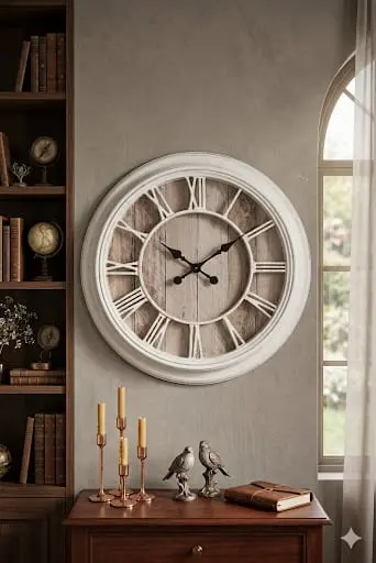 [HL3236-2] 5993H LARGE WALL CLOCK WHITE WITH WOODEN BACKGROUD