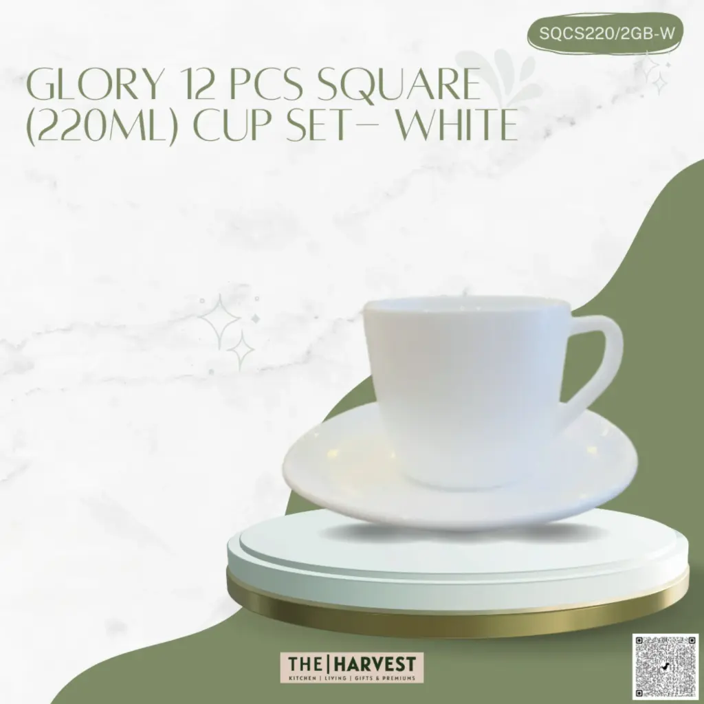 [SQCS220W]- GLORY 12 PCS SQUARE (220ML) CUP SET- WHITE