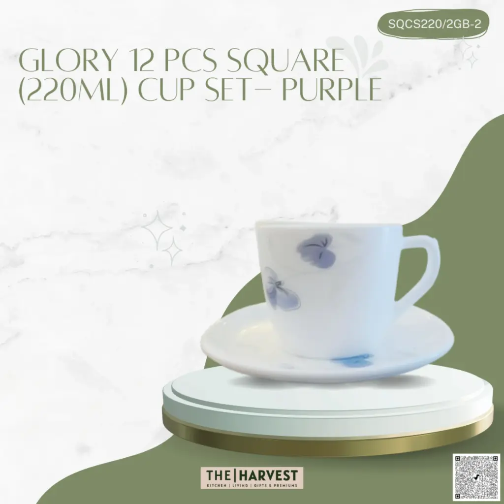 [SQCS220-2] - GLORY 12 PCS SQUARE (220ML) CUP SET- PURPLE FLOWER