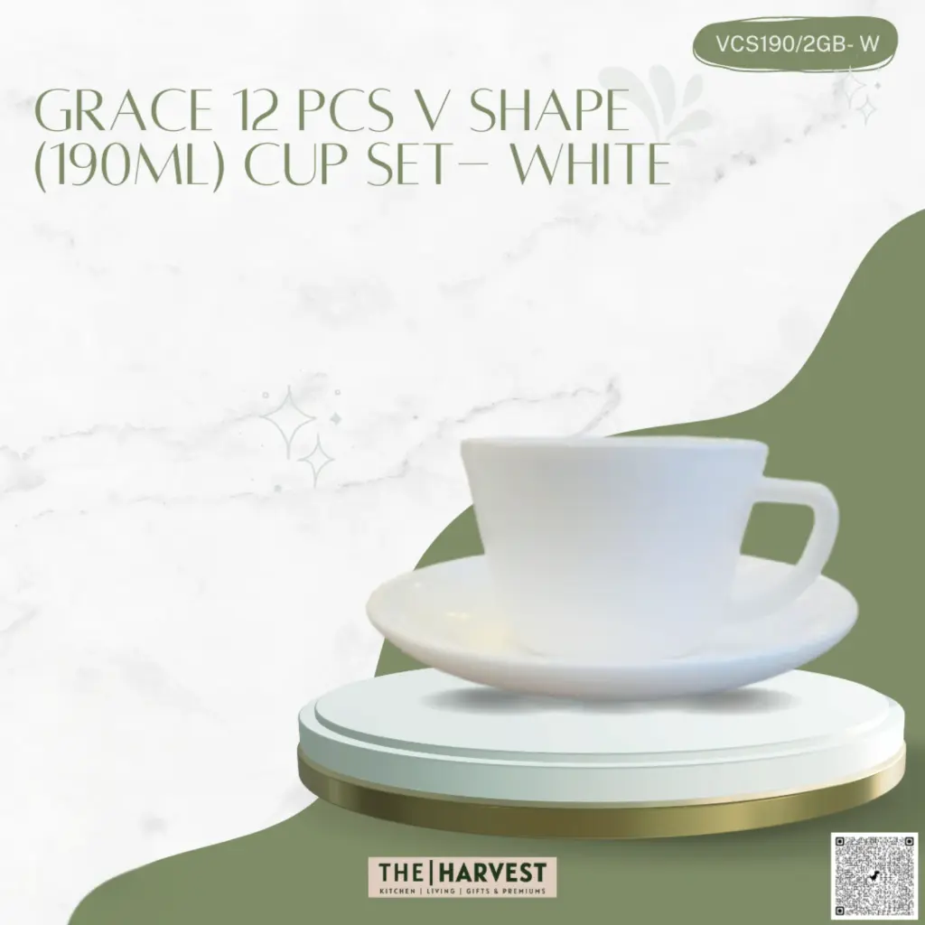 [VCS190/W] - GRACE 12 PCS V SHAPE (190ML) CUP SET- WHITE