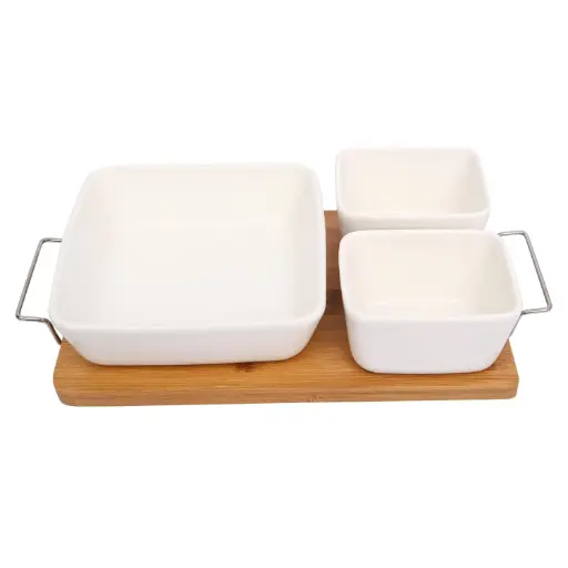 [YL2254] YL2254 DS-ST2003 2 Square & 1 Large Party Ceramic Dish w/Wood Tray